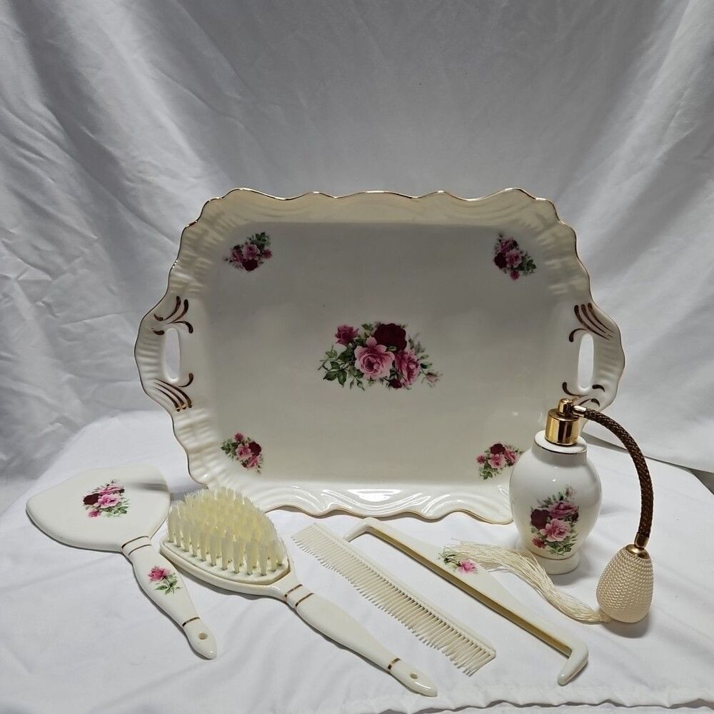 Vtg Formalities by Baum Bros Victorian Rose Vanity Brush Mirror Tray Automizer
